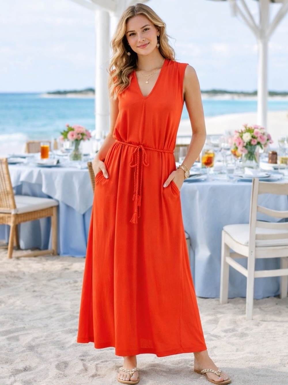 Matilda Jane Bright Orange Sleeveless Maxi Dress with Tie Waist